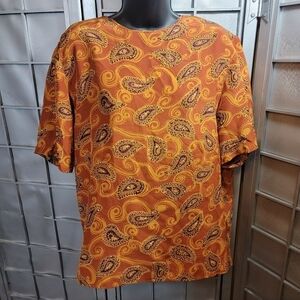 Christie & Jill Large 100% silk short sleeve orange with purple paisley top